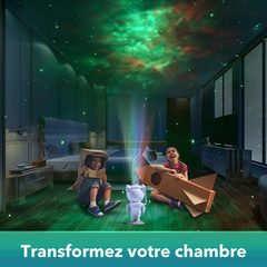 Children playing in a room lit by the astronaut projector