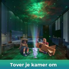 Children playing in a room lit by the astronaut projector