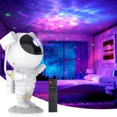 White astronaut projector in a bedroom with the remote in front of it