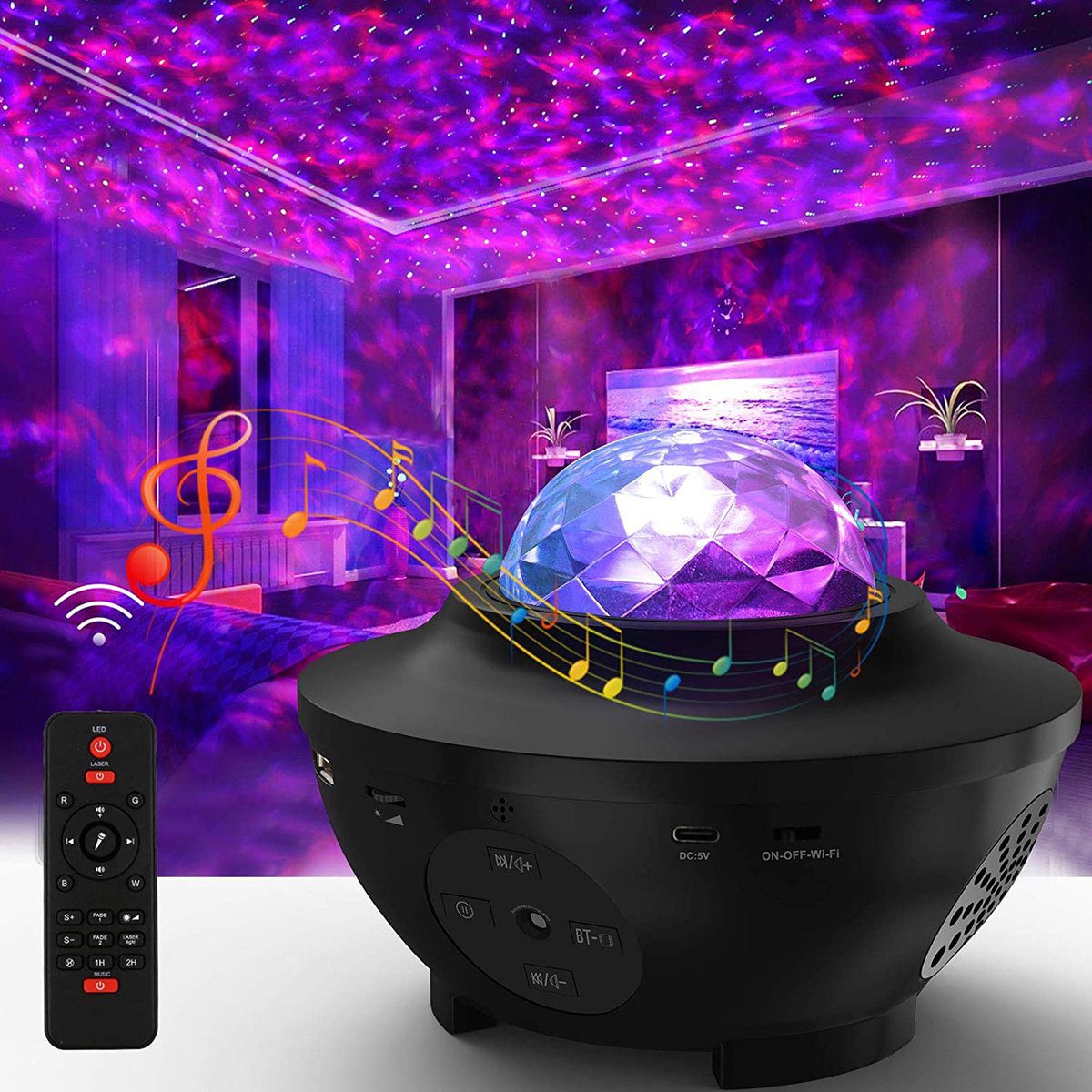 The projector playing music in a purple lit room