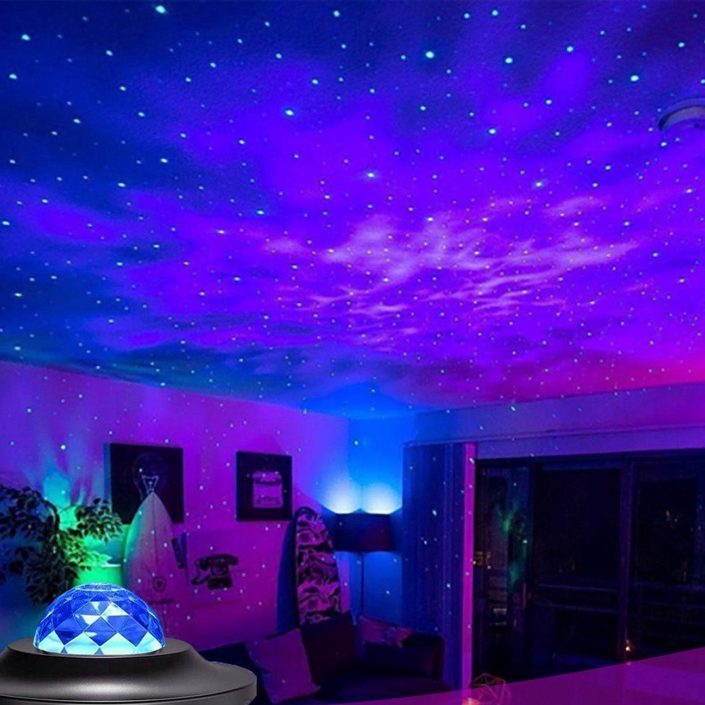 Galaxy Projector filling a room with a purple nebula and stars across the ceiling