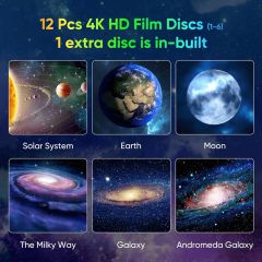 Six of the 4K film discs: the solar system, Earth and the moon