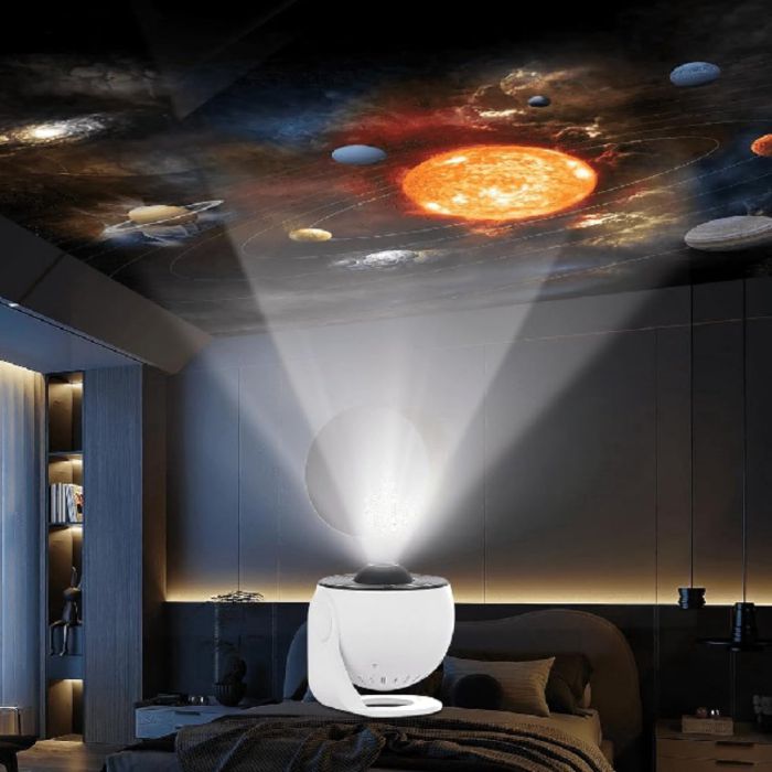 Planetarium projector op een slaapkamervloer, het zonnestelsel op het plafond
