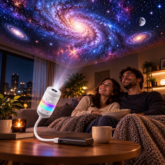 USB star projector on a side table, a galaxy projected across the living room ceiling