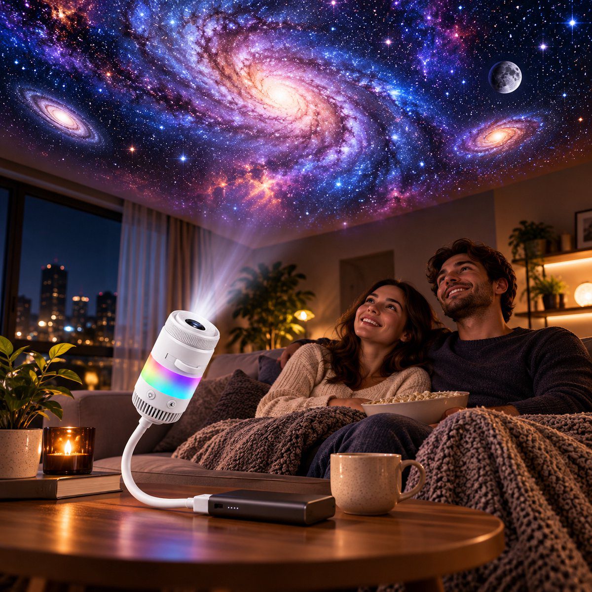 USB star projector on a side table, a galaxy projected across the living room ceiling