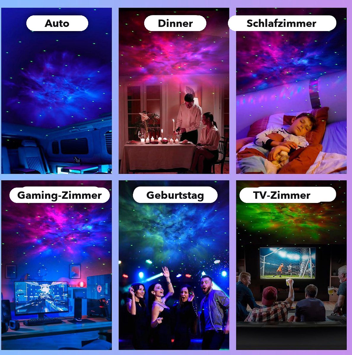 The projector used in a gaming room, a bedroom and at a party